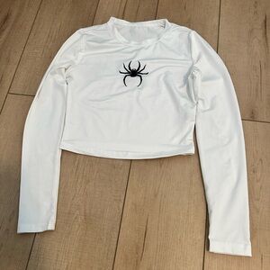 White Long Sleeve Crop Top with Black Spider Design